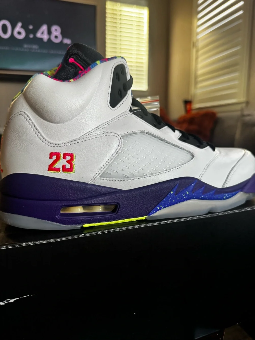 Air Jordan retro 5 men’s Sneakers with Black, Purple & Neon Green Accents